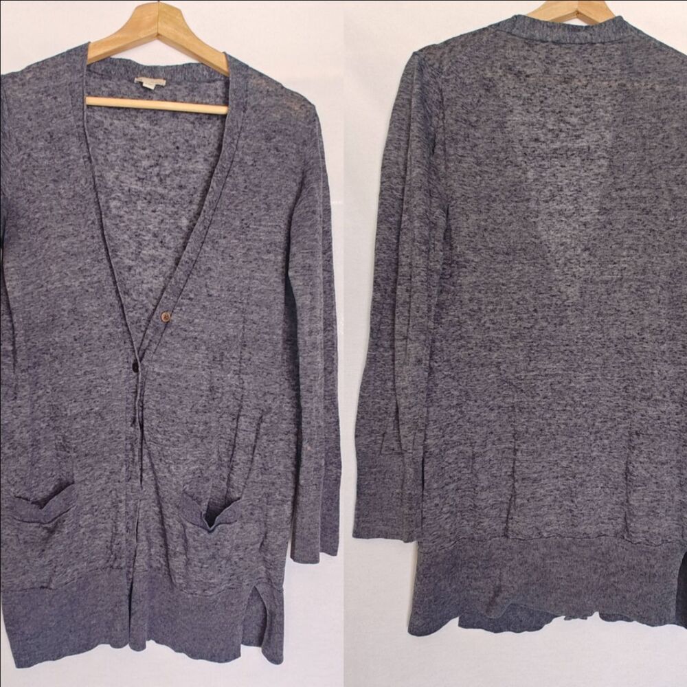 Gap Cardigan Linen Blend V-Neck Button Front Long‎ Line Marled Grey Blue M